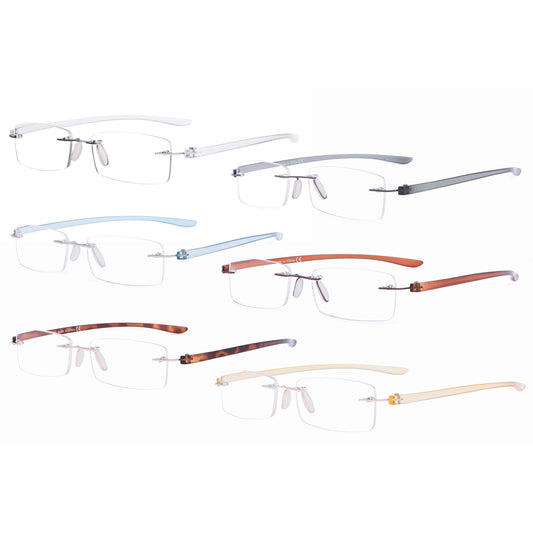 6 Pack Small Classic Rectangle Reading Glasses Rimless Readers R14001